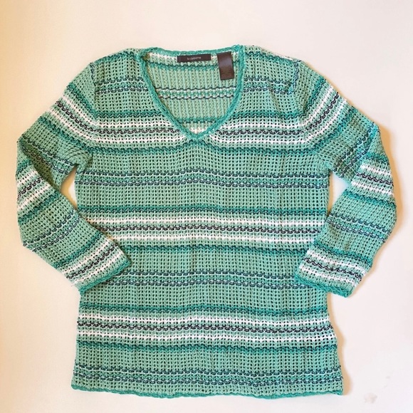 Liz Claiborne Womens Open Knit Blouse Sz M Green Stripes V-Neck 3/4 Sleeve - Picture 8 of 9